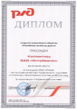 Диплом за II место в конкурсе ОАО "РЖД" на лучшее качество подвижного состава и сложных технических систем в 2014 г.